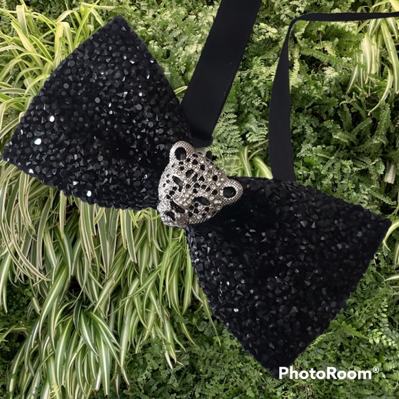 Mens blinged out leopard bowtie wedding groom black tie suit custom handmade - Picture 4 of 15